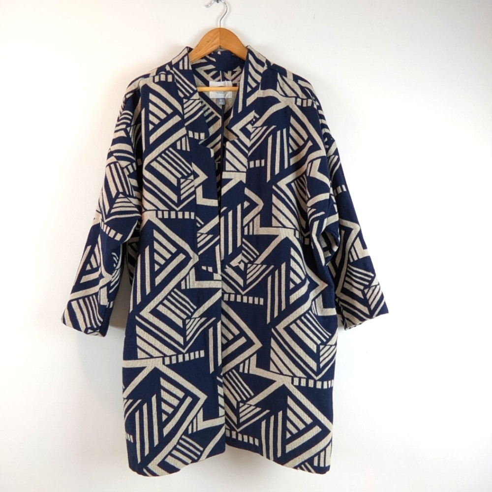 Geometric Navy and Tan Open Front Coat